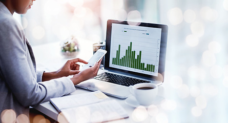 Image showing Business hands, data and phone or computer screen for stock market, analytics and graphs of financial increase. Analyst or person typing on mobile for laptop stats, profit or growth in bokeh overlay