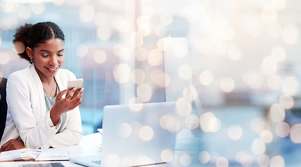 Image showing Business woman, laptop and smartphone at desk with agenda or calendar, social media and communication. African financial advisor using phone for research, banner with bokeh on mockup space and email