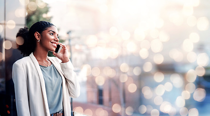 Image showing Bokeh, business phone call and black woman in city, communication and mobile conversation. Smartphone, chat and happy consultant listening to discussion, networking and thinking in urban town outdoor