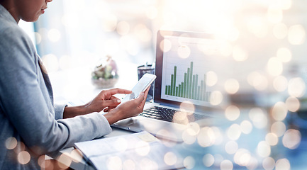 Image showing Business woman, data and phone or laptop screen for stock market, analytics and graphs with financial increase. Analyst with mobile statistics and computer of profit, sales or growth in bokeh overlay