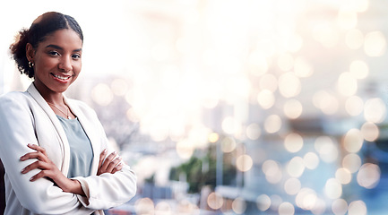 Image showing Black woman, arms crossed and city portrait with a smile from business consultant work with mockup space. Confidence, female entrepreneur and professional from New York happy on urban road with bokeh