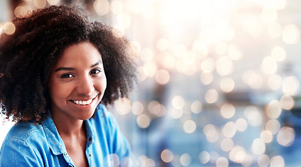 Image showing Bokeh, mockup and portrait of happy woman in office with smile, confidence and administration at startup business. Face, pride and businesswoman in recruitment at agency with space, lights and career