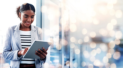 Image showing Bokeh, mockup and woman in office with tablet, ideas and online research for startup business info. Thinking, website and businesswoman on digital app for schedule, agenda and space at digital agency