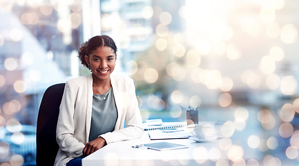 Image showing Bokeh, mockup and portrait of woman in office with tech, confidence and market research for startup business. Smile, pride and businesswoman at desk with recruiting info, space and digital agency.