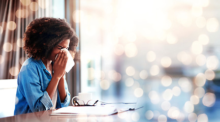 Image showing Woman, blowing nose and allergies while working from home, sick with virus and banner, mockup space and bokeh. Health crisis, flu and freelancer with toilet paper for sinus infection and remote work