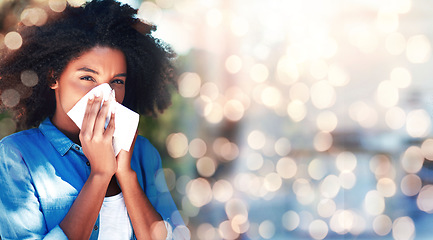 Image showing Black woman, blowing nose and allergies, sick with health fail on banner and bokeh, portrait and sinus infection. Healthcare, wellness and illness with mockup space, toilet paper for cold or flu