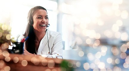 Image showing Happy woman, call center and laughing on bokeh background in customer service or telemarketing at office. Friendly female person, consultant or agent smile in online advice or funny joke at workplace