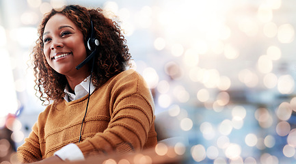 Image showing Happy woman, call center and headphones on bokeh background in customer service or help at office. Friendly female person, consultant or agent smile in online advice, contact us or virtual assistance