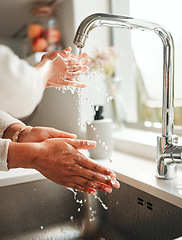 Image showing Hygiene, water and washing hands in a kitchen basin for health, cleaning and fresh before cooking. Morning, sustainability and a person with liquid for home sanitation, purity and routine in a sink