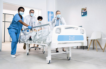 Image showing Healthcare, patient and group of doctors rushing for surgery, diagnosis or treatment in hospital. Stress, fast and team of medical workers in hurry for emergency operation or procedure in clinic.