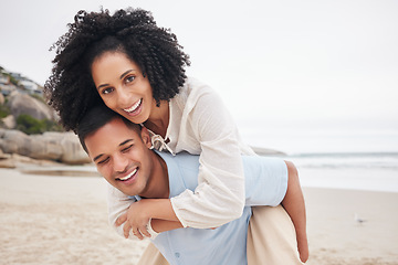 Image showing Love, piggyback and couple at the beach happy, bonding and having fun in nature together. Freedom, travel and face of excited woman with man at the ocean with carrying, games or celebration in Bali