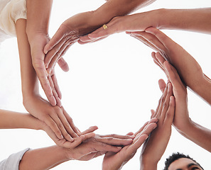 Image showing Circle, teamwork and synergy hands of business people with support, collaboration and coworking on mockup space. Integration, group formation and workflow sign of employee with support in low angle