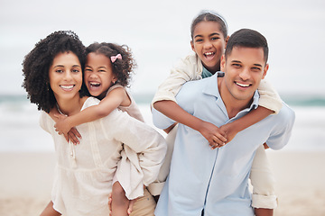 Image showing Beach, portrait or parents with happy kids in nature to enjoy a family holiday vacation in New Zealand. Travel, piggy back or father at sea or ocean with mom or children to relax or bond together