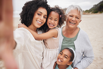 Image showing Beach selfie, grandma or mom with happy kids in nature on family holiday vacation taking photograph. Portrait, social media or senior mother at sea with woman, kid or girls to relax or bond together