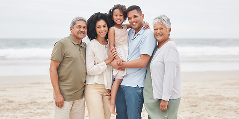 Image showing Portrait, smile and big family at beach outdoor on holiday, vacation and travel together. Happy grandparents, parents and child at ocean bonding, care and connection of father, mother and kid at sea