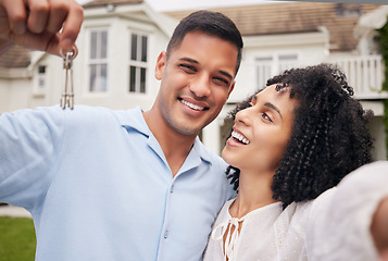 Image showing House keys, selfie and happy couple smile for dream home, real estate or mortgage success in a garden. Investment, property and face of people excited for moving, relocation or apartment purchase