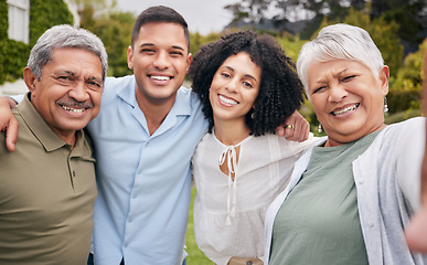 Image showing Happy family, children and parents with selfie in garden for love, hug and happiness at home or house. Profile picture, men and women outdoor in nature for relax, memory or bond on weekend with smile