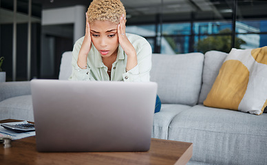 Image showing Businesswoman, stressed and laptop with work while remote with financial planning, savings or budget. African, person and frustrated with documents for debt management, retirement or funds for future