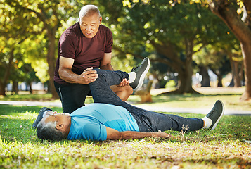 Image showing Leg, park and men for fitness physiotherapy, support or help with exercise. Wellness, training and senior coach with an elderly athlete for a warm up on the grass for sports or rehabilitation