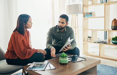 Image showing Business owner, meeting or tablet for planning office, teamwork or collaboration support. Partnership career, paper or project for company growth, development document or discussion for brainstorming