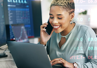 Image showing Woman, phone with data overlay and laptop for cryptocurrency, networking and investment in cyber stocks. Nft, financial advisor or broker on cellphone for advice on profit, market and online trading.