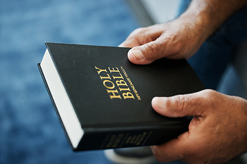 Image showing Bible, book and hands of man in home with study of Christian faith, religion or spirituality knowledge. Holy, worship and person with gospel, scripture or learning about God or story of Jesus Christ
