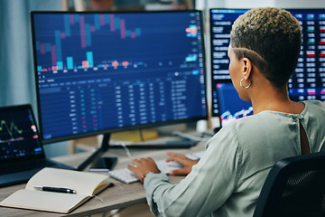 Image showing Woman at computer, research and data on crypto trade, investment or online stocks. Nft, back of cyber advisor or broker reading stats, graphs and charts on market growth, financial management or info