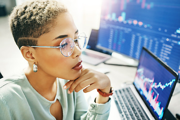 Image showing Woman with glasses, thinking and screen with charts, graphs and stocks for crypto trade. Nft, cyber consultant or broker reading stats on market growth, brainstorming and research ideas on defi data.