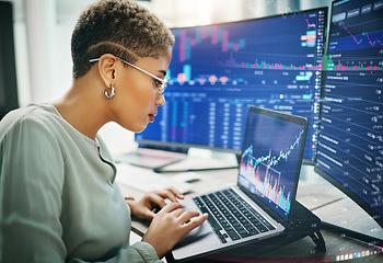 Image showing Woman, laptop or computer screen with trading, dashboard and financial information with investment and trader. Stock market stats, finance and data analysis with cryptocurrency and numbers chart