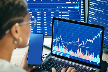 Image showing Woman with phone, laptop screen and crypto data for research, investment and cyber stocks with mockup. Nft, financial management and developer with software for online profit stats, graphs or charts.