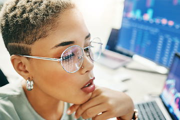 Image showing Woman with glasses, thinking and reflection of screen with info, market growth and stocks in crypto trade. Nft, cyber consultant or broker reading stats on defi data, brainstorming and research ideas