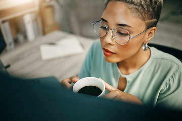 Image showing Woman, computer and coffee for thinking, online research project or reading screen. Female employee, closeup and espresso to review work desktop in concentrate at business office, reflect or solution