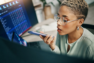 Image showing Woman, phone call and programmer with speaker, computer and investment with conversation. Person, employee and trader with smartphone, consultant and digital app with savings, trading and talking