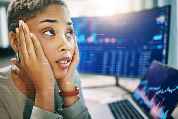 Image showing Computer, overlay and professional woman face stress over fintech company metrics, stock market crash or finance problem. Crypto crisis, grid mockup space and trader with financial trading mistake