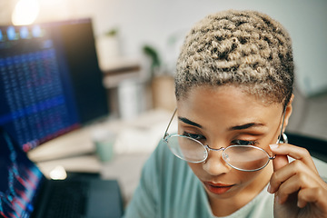 Image showing Woman with glasses, thinking at computer and cyber security for crypto trading, online profit or analytics. Research, digital stocks and girl at desk with graphs, charts and software for investment.