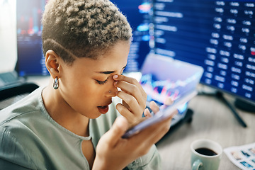 Image showing Speaker phone call, headache and business woman frustrated over investment mistake, debt or accounting problem. Voice note, cellphone audio recording and depressed broker talking about trading error