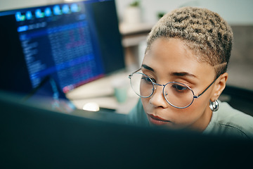 Image showing Woman with glasses, computer and cyber research for crypto trading, online profit or analytics. Cryptocurrency, digital stocks and girl at desk with graphs, charts and software for investment stats.