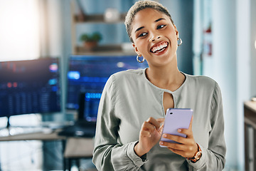 Image showing Stock market, business, and happy woman on phone with thinking of trading info and investor statistics. Female professional, mobile networking and finance work in a office with fintech app for crypto