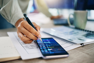 Image showing Phone screen, hand and trading, dashboard and financial information with investment, paperwork and trader in office. Person at desk, stock market stats and finance, closeup of analysis and crypto