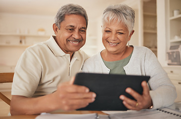 Image showing Home, video call and senior couple with a tablet, connection and smile with communication, network and speaking. Internet, happy old man and elderly woman with technology, conversation and greeting