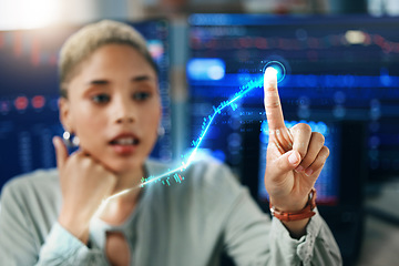 Image showing Woman with finger on increase graph, hologram for financial growth and crypto profit in office. Virtual data, touch and girl in cyber trading with hand on investment development, info and stock trend