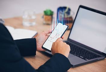 Image showing Phone, person hands and graph hologram for digital transformation, blank screen and mockup space. Research, big data and employee database at office desk with mobile investing information and growth