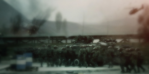 Image showing Blurred, soldier group and war mission with team, secret service and government workers outdoor. Military, surveillance and officer with teamwork, security and army target with agent people together