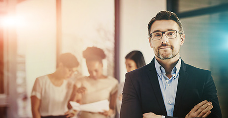 Image showing Businessman, portrait, and office, leader or management with pride, confident or arms crossed. Mature employer, boss and experienced professional with glasses, corporate career and morning sunrise