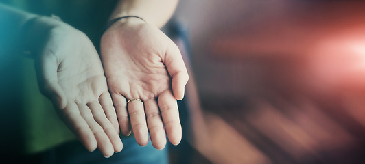 Image showing Hands, help and mockup for charity community work, support or poverty donation for hope. Open palm, homeless helping money and kindness for nonprofit, human gratitude or giving care for poor people