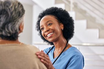 Image showing Black woman nurse, senior patient and help at retirement home with elderly care, support and counseling. People sitting together, healthcare and wellness with advice, kindness and respect with trust