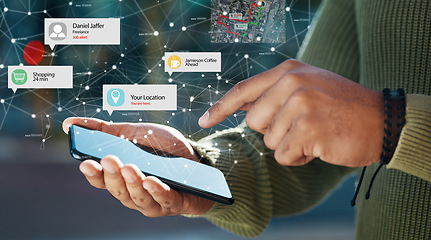 Image showing Hands, phone and hologram of icons in city communication, networking and connection or internet outdoor. Person typing on mobile app, chat and location search with plexus or outdoor augmented reality