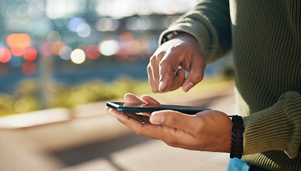 Image showing Phone, hands and outdoor chat, network or social media for startup business or freelance marketing in city bokeh. Person typing on mobile app for information, contact or travel FAQ in urban street