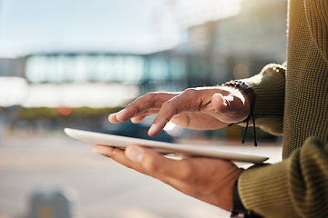 Image showing Hands, student and tablet for outdoor networking, e learning research and software for university schedule. Person typing on digital technology for online education, college information and city