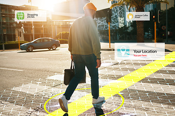 Image showing Augmented reality, hologram and walking man in city with connection for futuristic internet travel in outdoor town. Digital, digital and person commute in metaverse location with online technology